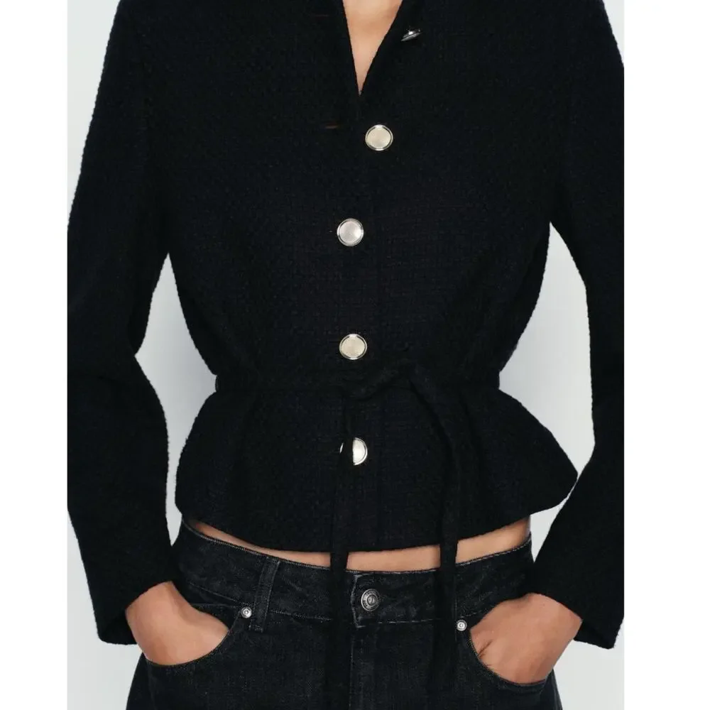 Zara Structured Blazer Lady Jacket Small Black Belted Gold Buttons Preppy Trendy - Picture 4 of 16